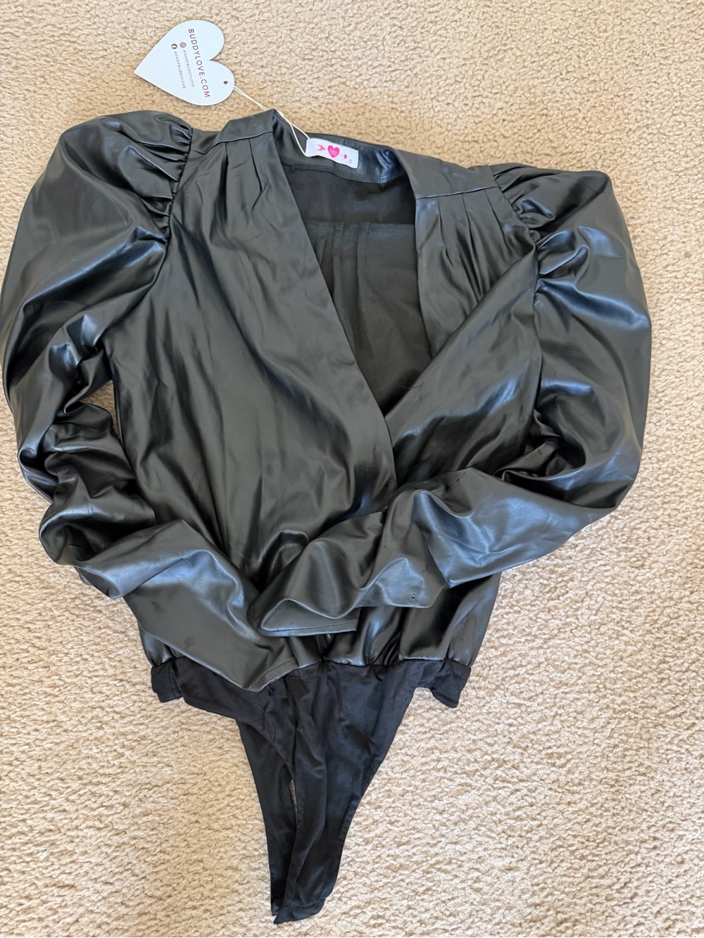 Buddy Love Black Faux Leather Puff Sleeve V-Neck Bodysuit